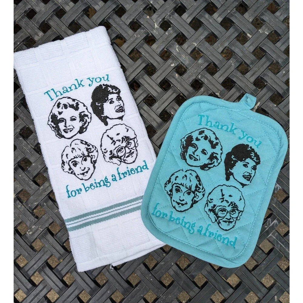 Golden girls embroidered kitchen set. Hot pad/ trivet kitchen towel, oven mitt